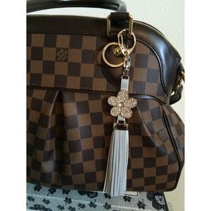 Bag Charm-Bling Flower with Faux Leather Gray Tassel